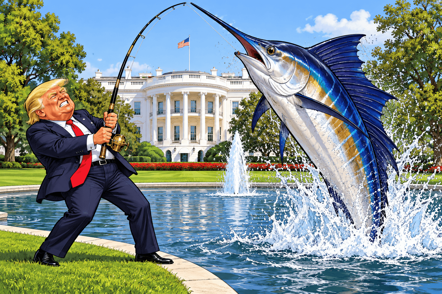 President Trump catching a gigantic marlin in the White House pond