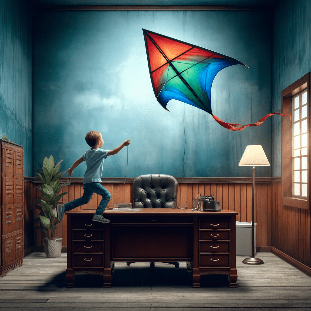 child flying kite in an office