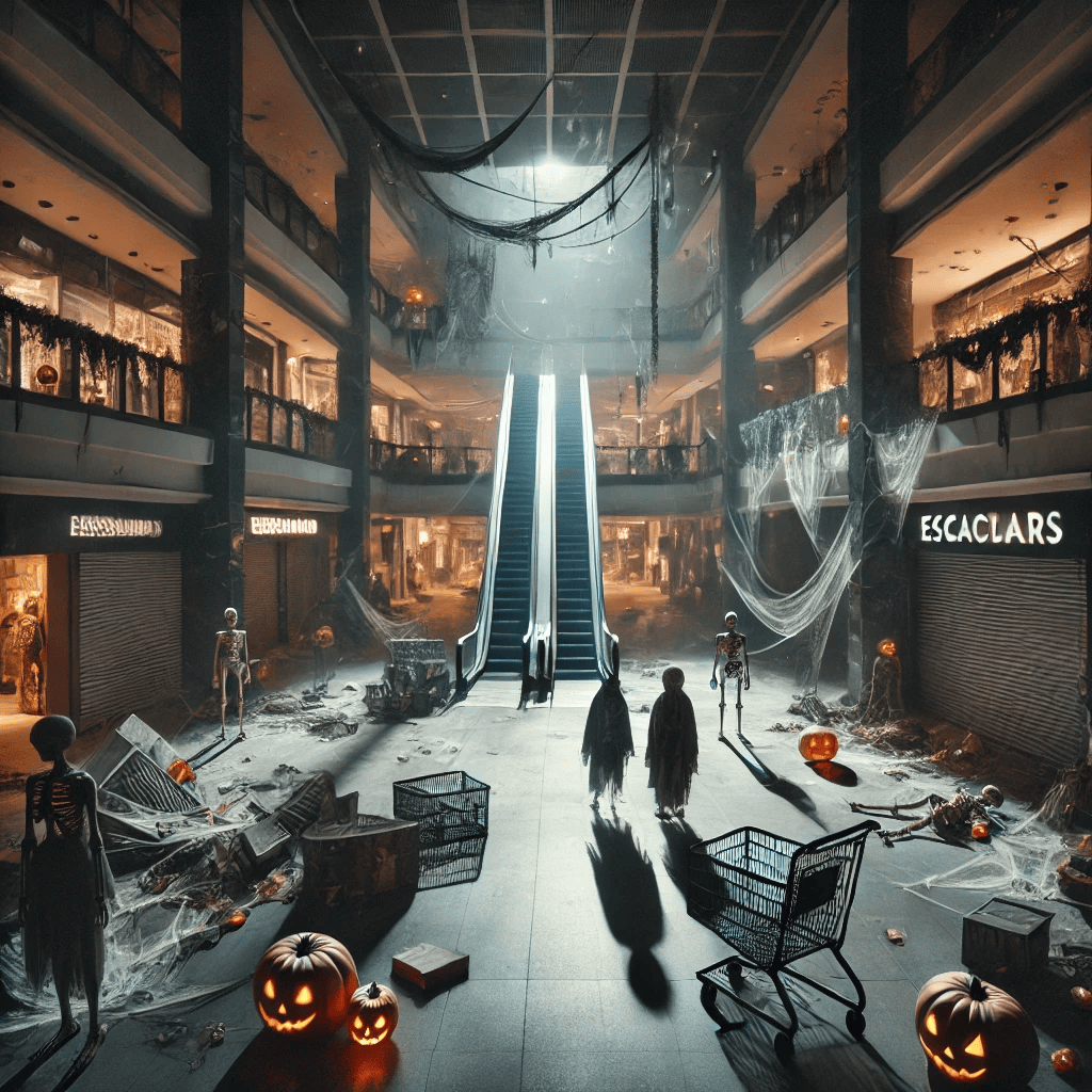 image of a deserted shopping mall on Halloween