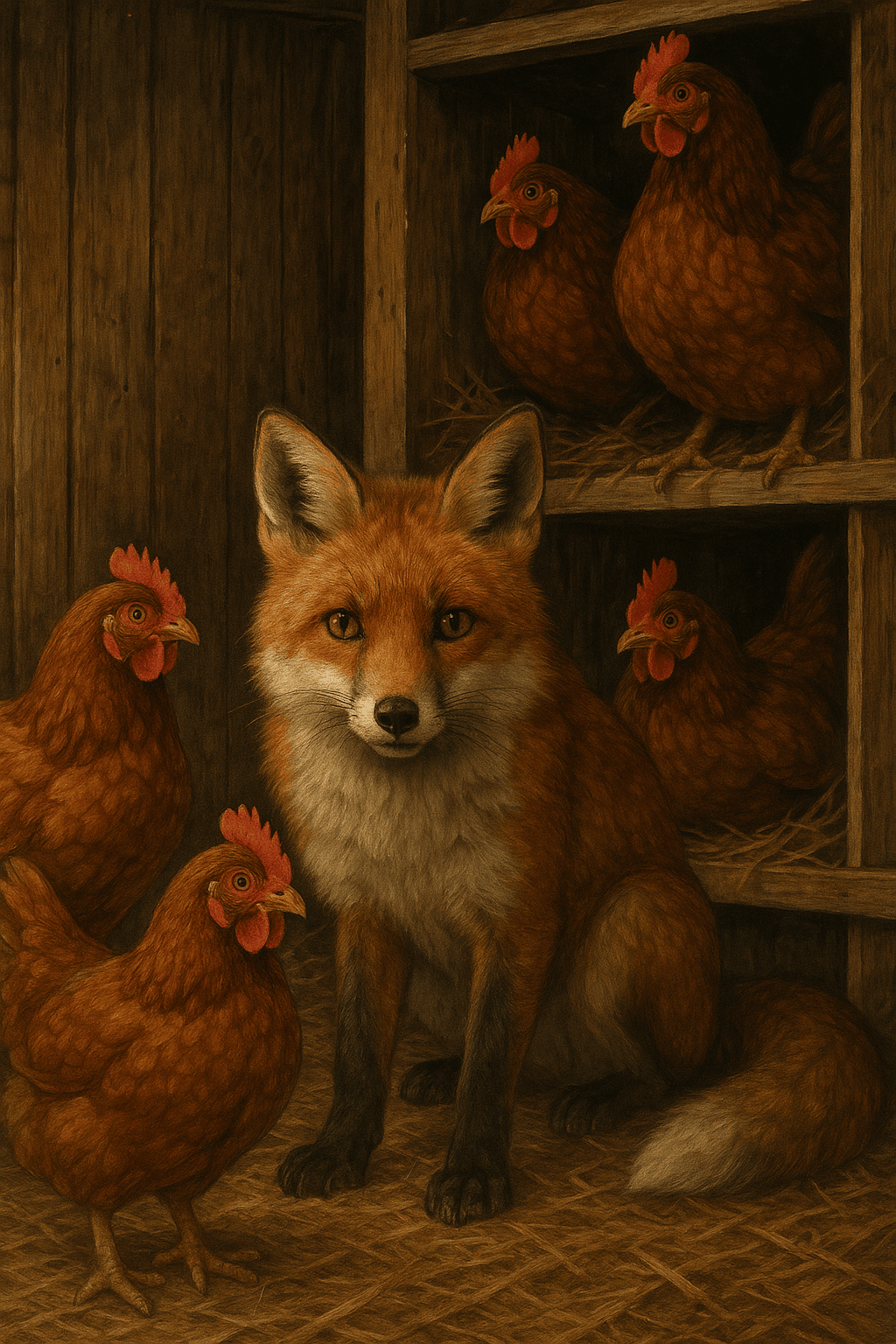 image of a fox in a henhouse