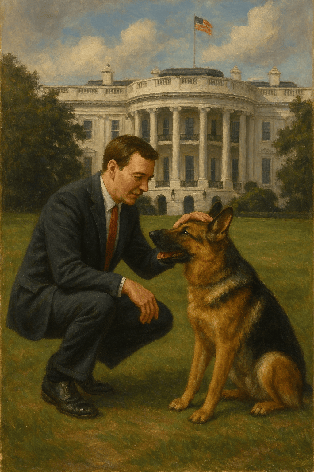 image of a man petting a German Shepherd at the White House