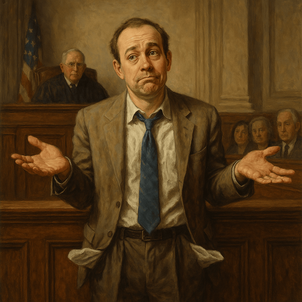 image of a man in court with empty pockets shrugging his shoulders