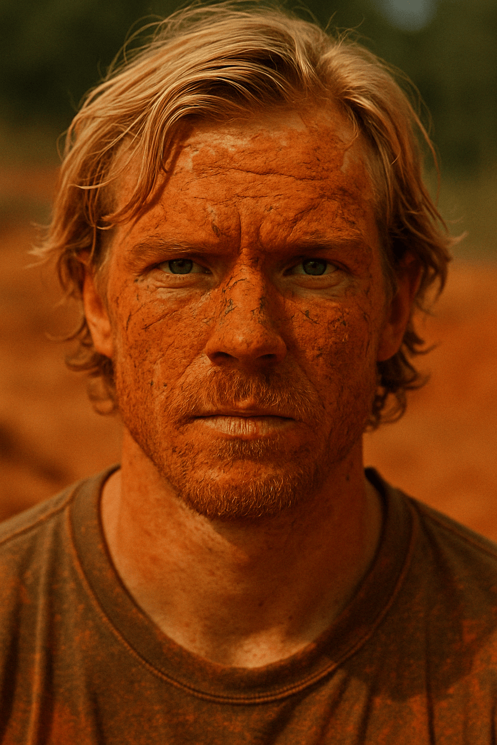 image of a blonde-haired man with Georgia red clay on face