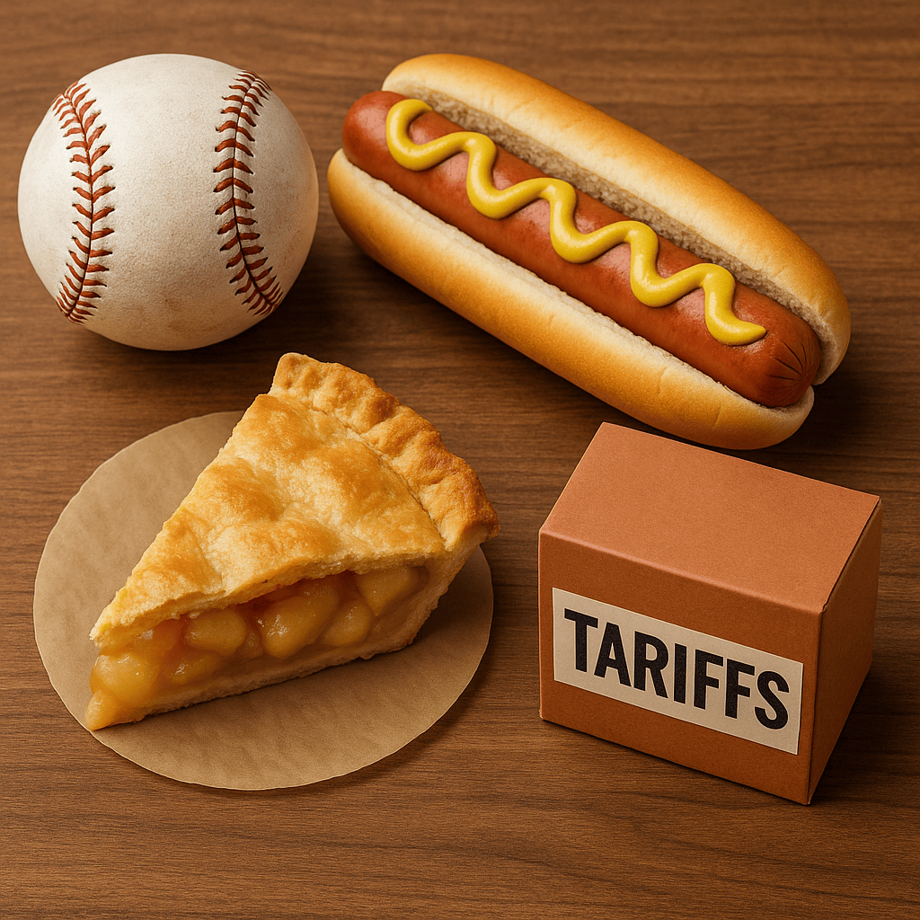 image of a baseball, a hot dog, apple pie, and a box of tariffs