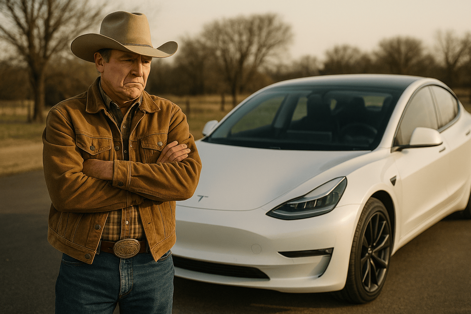 image of a judgmental cowboy next to a Tesla