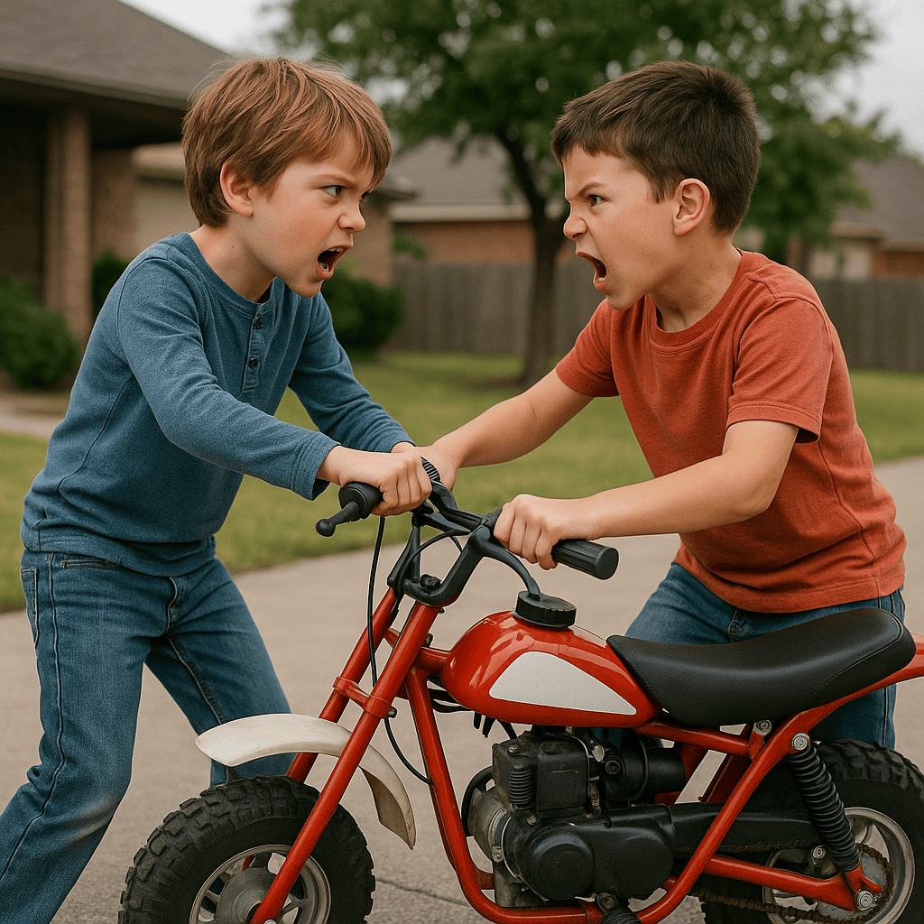 image of two eight year old boys arguing over a mini bike