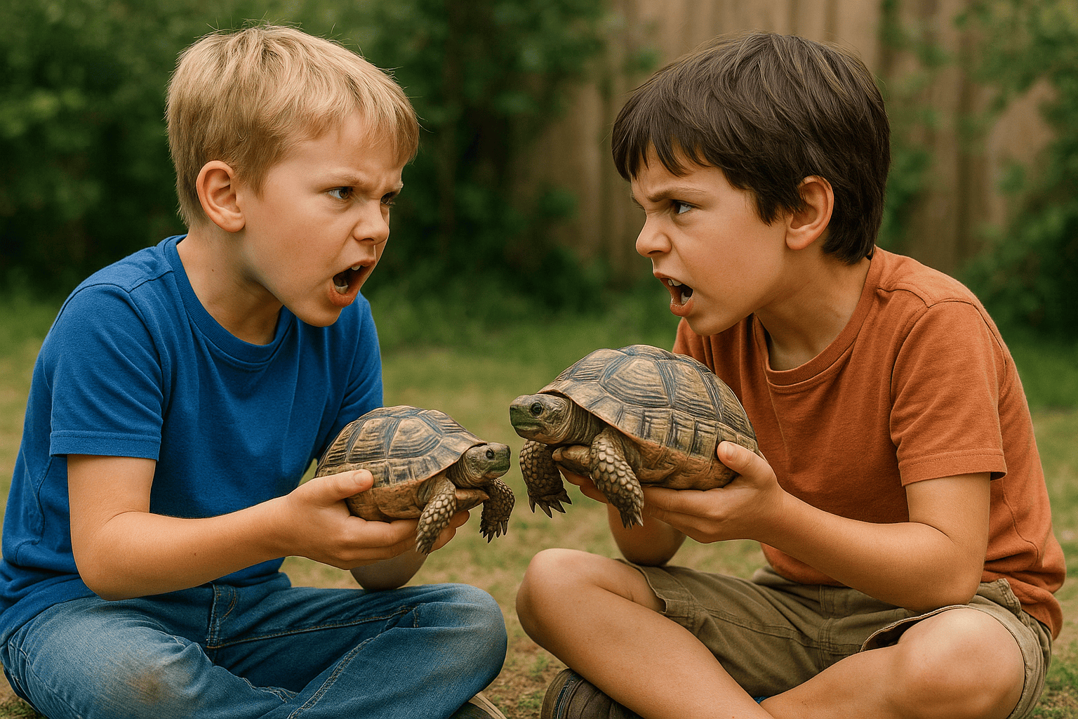image of two eight year old boys arguing over who has the biggest tortoise