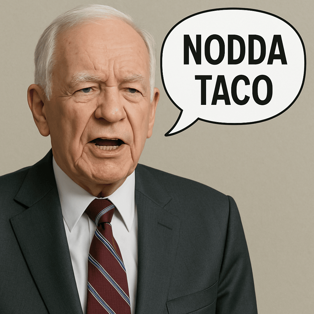 image of a 79 year old man in a suit saying 'Nodda TACO' 
