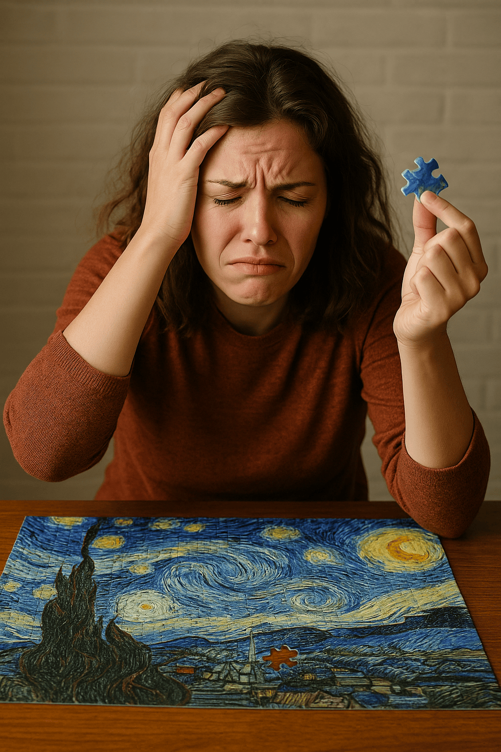 image of a frustrated person who just completed a jigsaw puzzle, only to find that one piece is missing