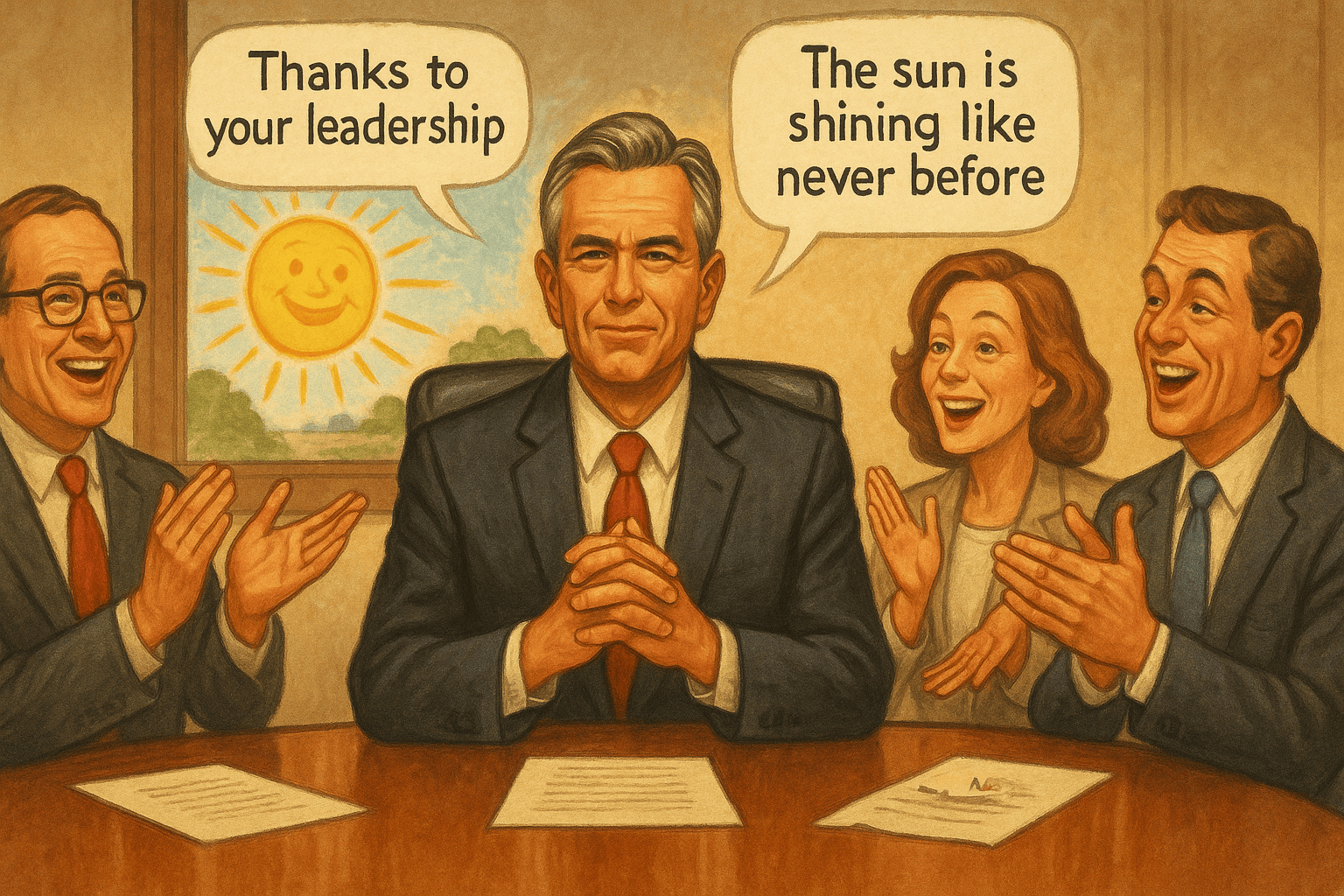 image of a leader at a conference table with his direct reports flattering him with statements like 'Thanks to your leadership' and 'The sun is shining like never before'