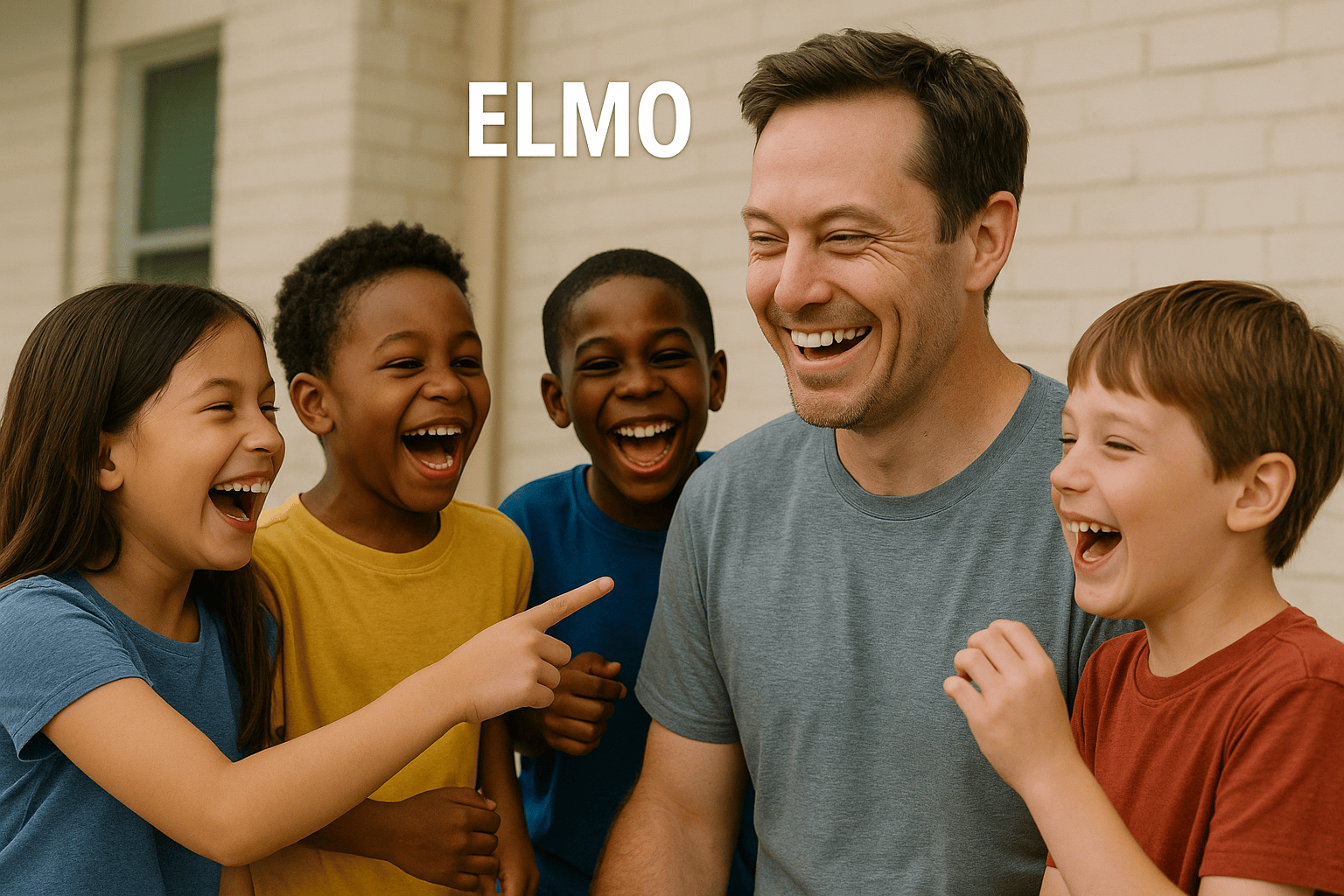 image of kids laughing and calling a grown man 'ELMO' 