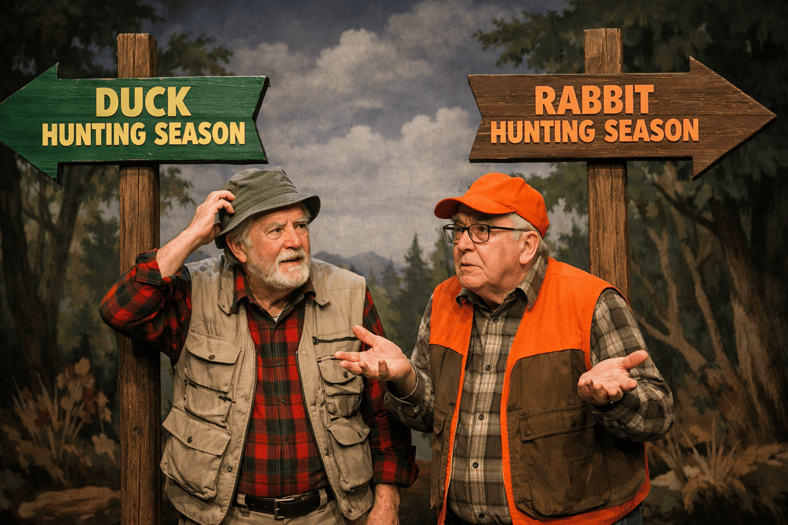 image of two elderly men on stage confused by directional signs that say 'duck hunting season' and 'rabbit hunting season' 