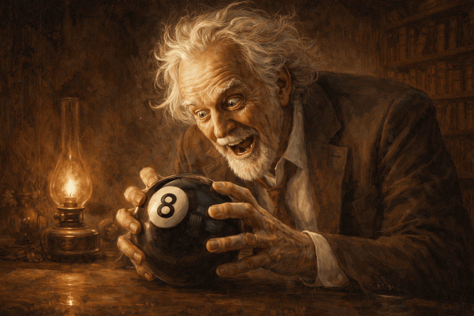 image of an elderly man asking questions of an 8 ball