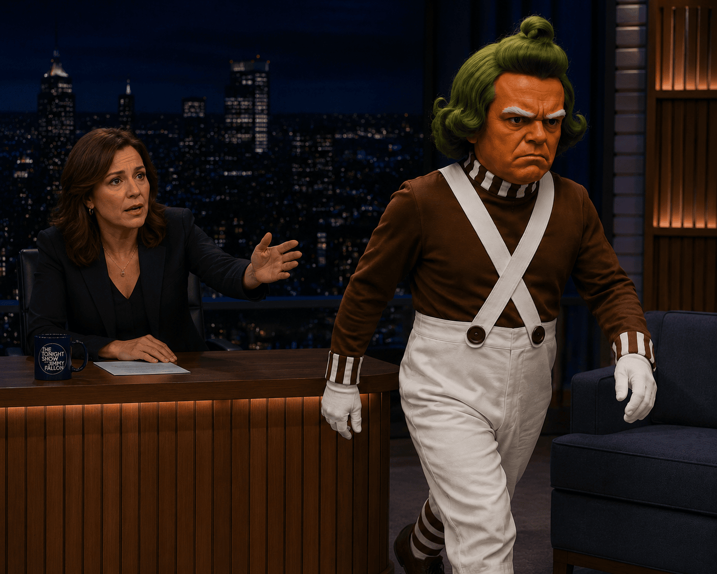 image of an angry Oompa Loompa walking out of a television interview