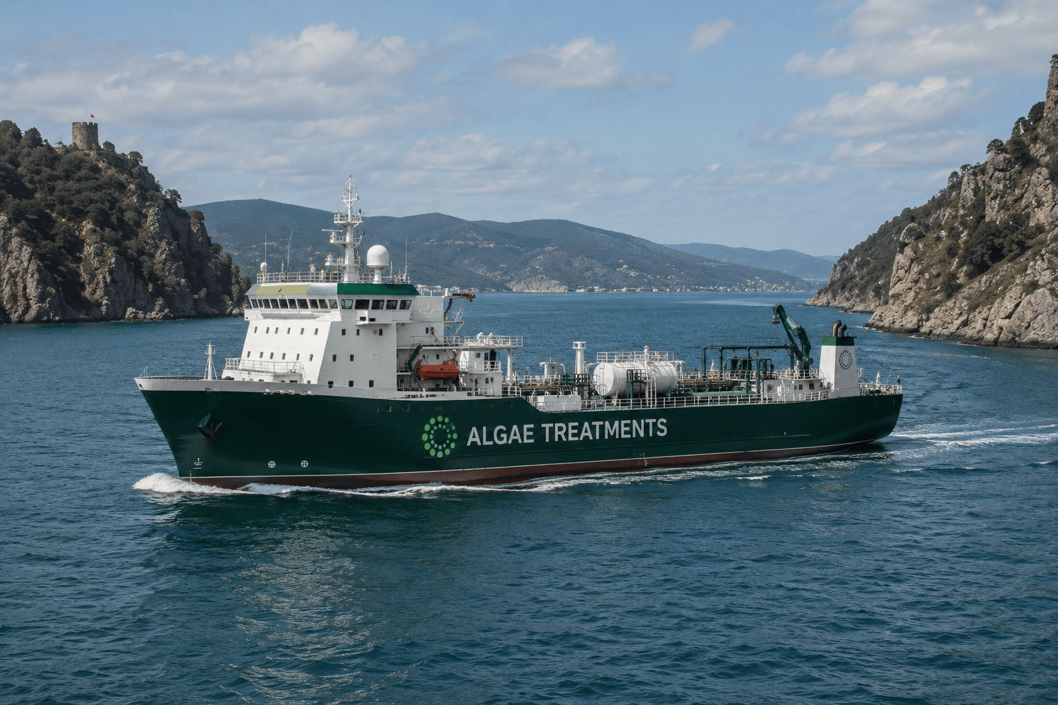image of a ship containing algae treatments passing through a strait