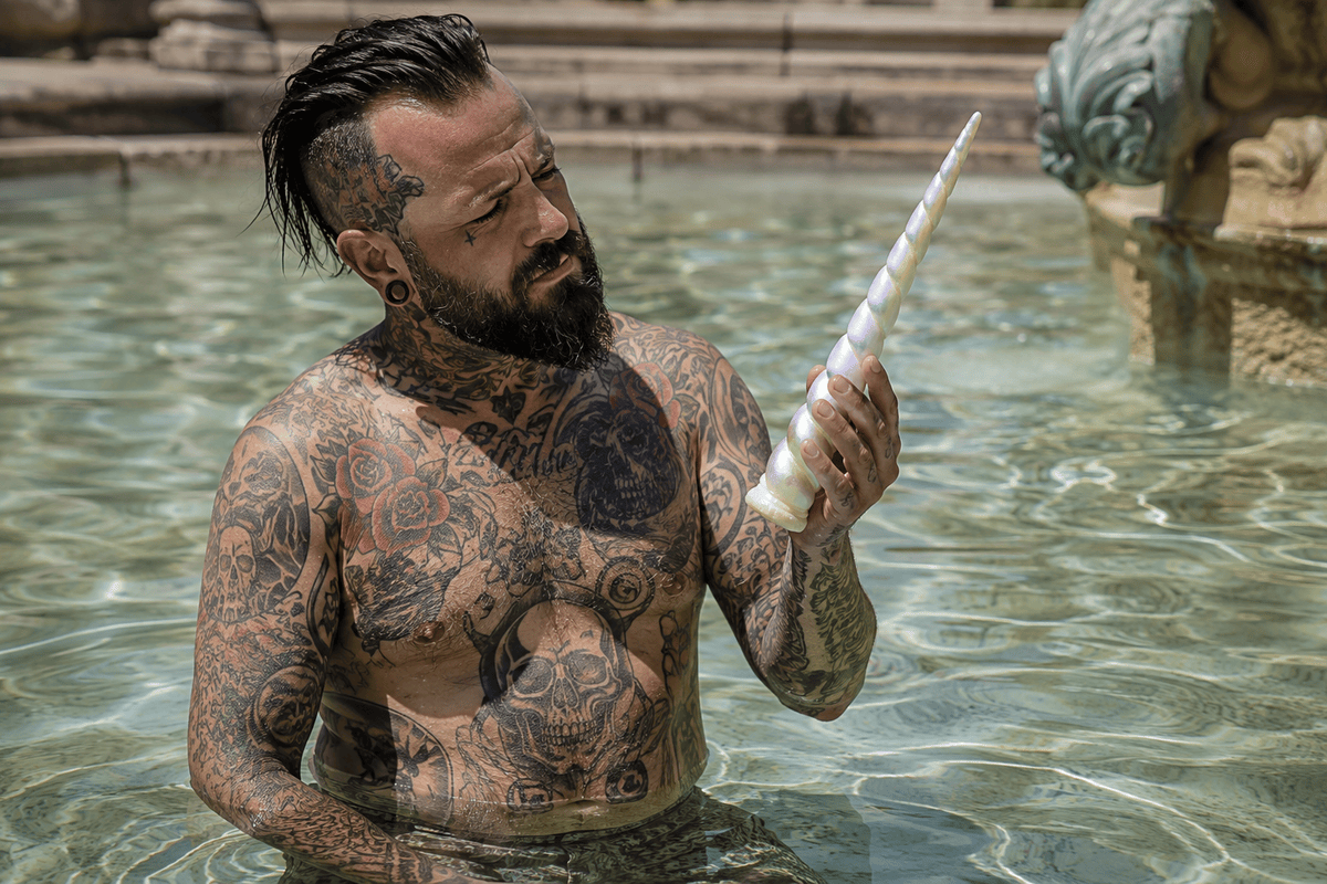 image of a guy with lots of tattoos holding a unicorn horn in his hand in a shallow pool