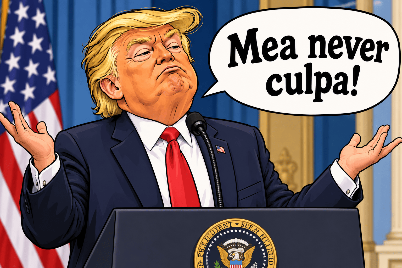 President Trump saying 'mea never culpa'