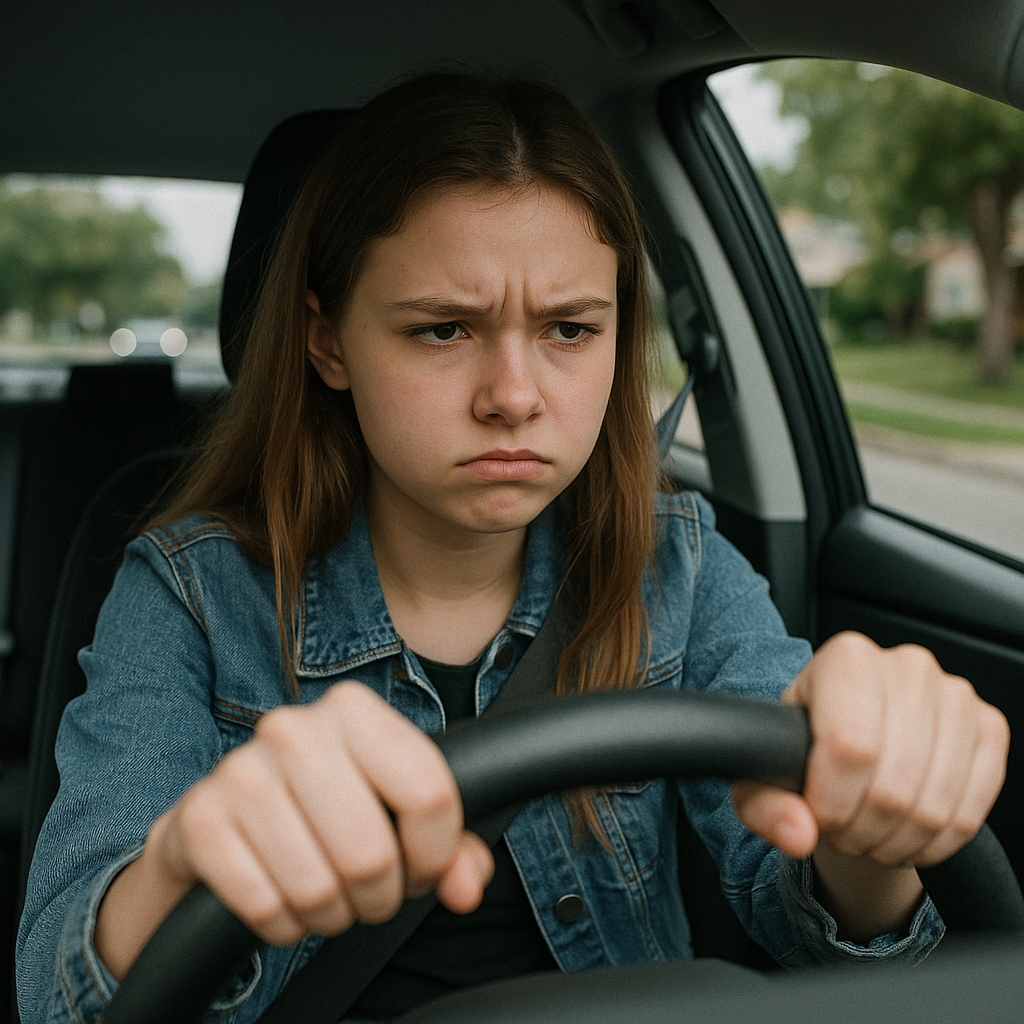 image of an upset 16 year old girl driving down the street