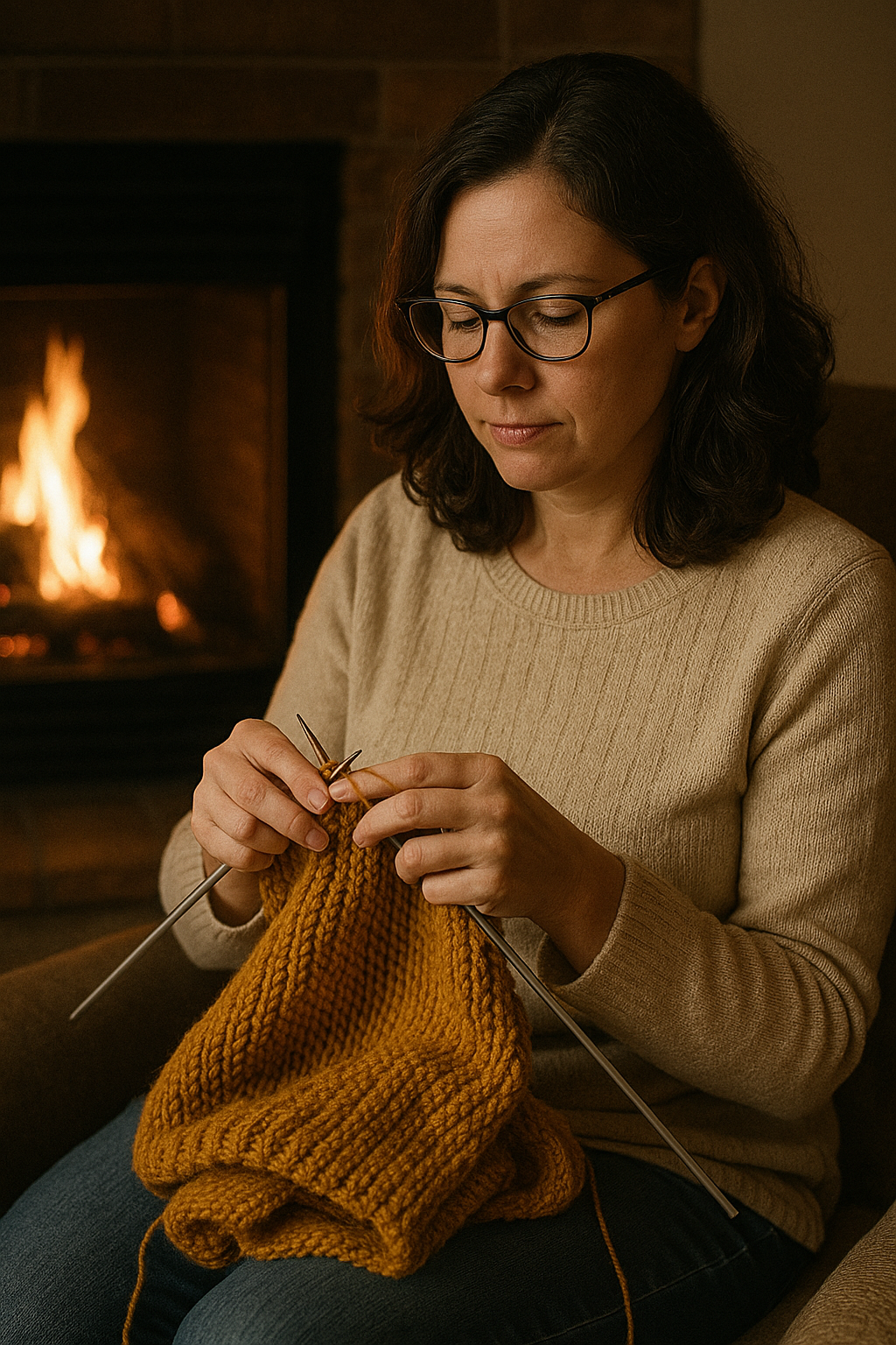 image of a woman knitting a sweater by the fireside