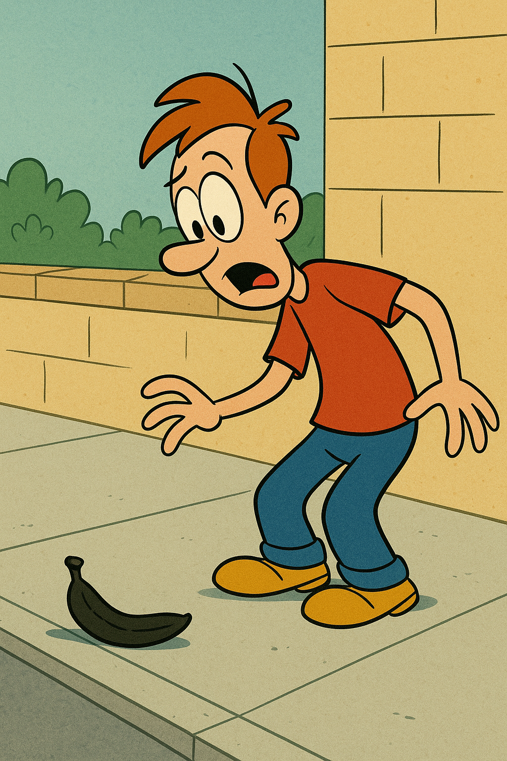 image of a cartoon character discovering a black banana on the sidewalk