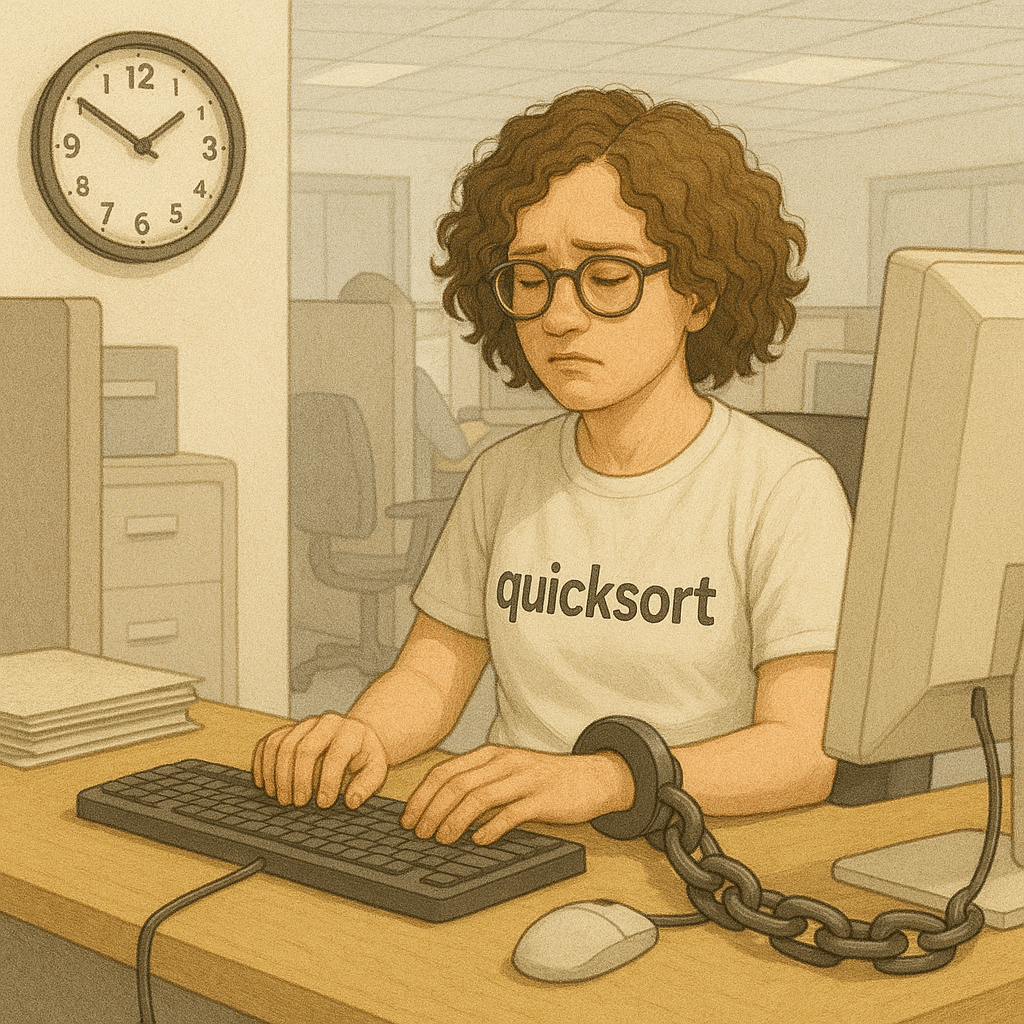 image of an office worker wearing a T shirt that says 'quicksort' chained to his or her desk on Friday afternoon at 5:00