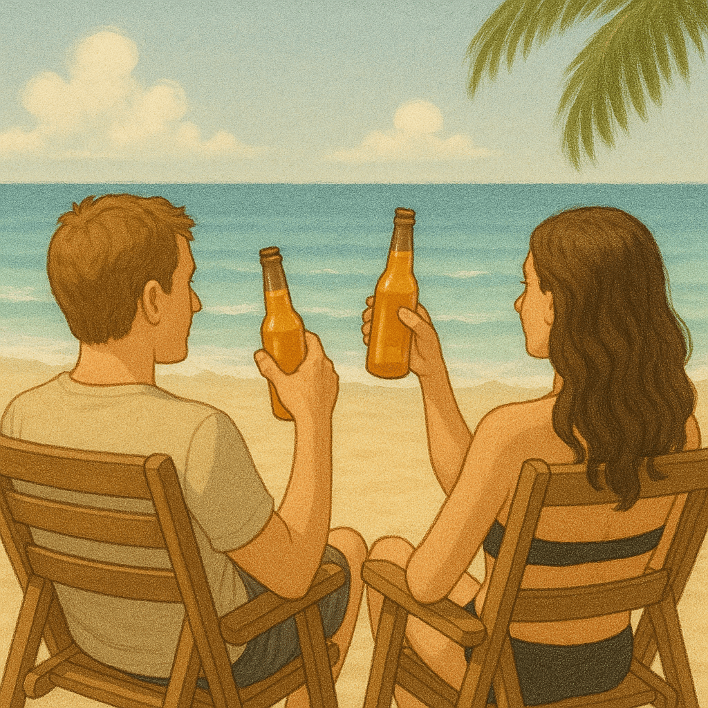 image of two people relaxing on a beach while sipping light amber colored beers out of bottles