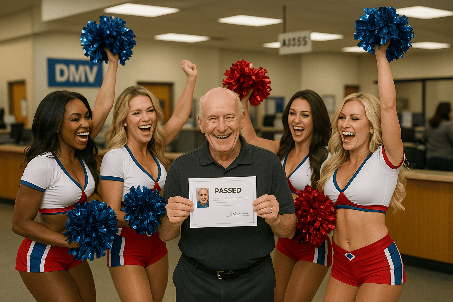 squad of professional football cheerleaders celebrating an old bald man who just passed his licensing exam