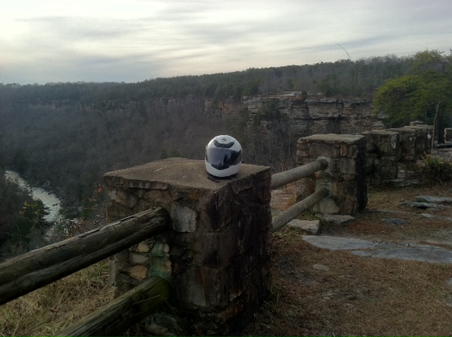 Scenic view of Little River Canyon in Alabama from a successful trip on December 31, 2013 (i.e., well before the ill-fated trip to Key West). Image is being photobombed by Klugmeister's white Scorpion motorcycle helmet